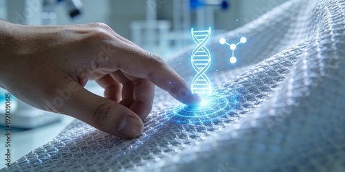 Finger touch on smart textile biosensor with glowing DNA helix hologram and circular scan interface, clean laboratory background with copy space