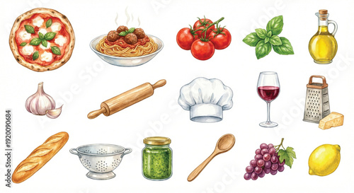 Italian Cooking and Kitchen Ingredients Watercolor Sticker Set