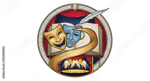 Theatrical masks and quill on book symbolizing drama and performance art with comedy and tragedy faces