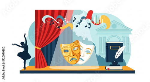 Theater stage with masks curtain and classical elements illustrating drama and performance art in a stylized illustration