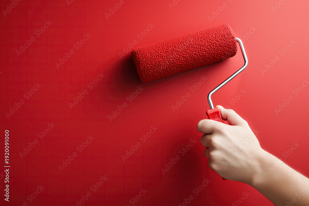 Obraz premium A hand firmly rolls a paint roller across a freshly coated bold red interior wall.