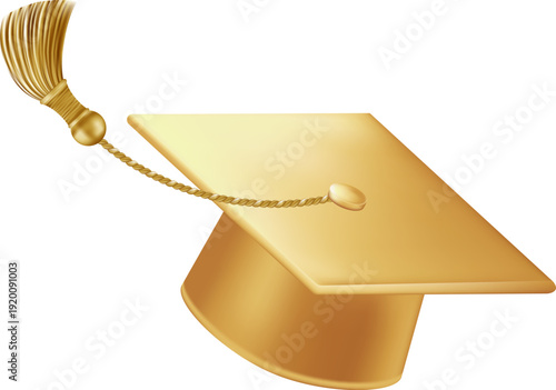 Graduates celebration. Flying golden graduate hats with tassels. 3d square academic caps from different angles. Vector illustration isolated on white background.