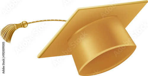 Graduates celebration. Flying golden graduate hats with tassels. 3d square academic caps from different angles. Vector illustration isolated on white background.