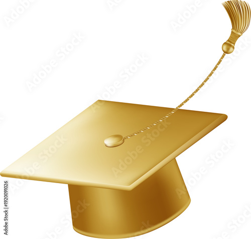 Graduates celebration. Flying golden graduate hats with tassels. 3d square academic caps from different angles. Vector illustration isolated on white background.