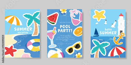 summer party invitation card vector. poster with Fruit , leaves, lobster, wine, cheese, tomato, crab, shell in line art. Design for wedding card, greeting card, cover, poster.