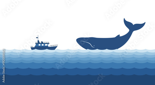 Vector illustration of a whale and a boat on a blue ocean with a white background, conveying eco tourism and conservation.