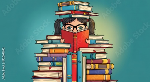 A woman overwhelmed by a towering stack of books