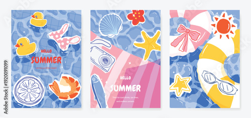 summer party invitation card vector. poster with Fruit , leaves, lobster, wine, cheese, tomato, crab, shell in line art. Design for wedding card, greeting card, cover, poster.