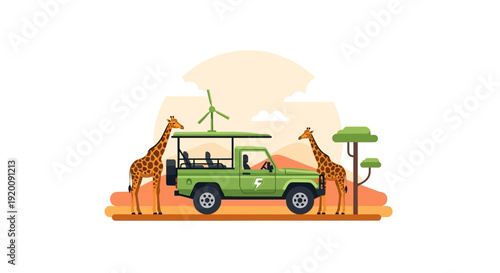 A colorful illustration of a green safari vehicle with a woman and children observing giraffes and a tree in a modern, eco-friendly wildlife conservation setting.