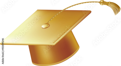 Graduates celebration. Flying golden graduate hats with tassels. 3d square academic caps from different angles. Vector illustration isolated on white background.