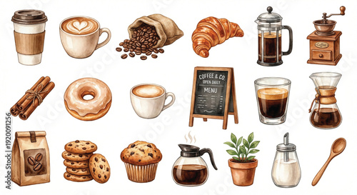 Watercolor clip art set, Coffee Shop theme, collection of 18 items