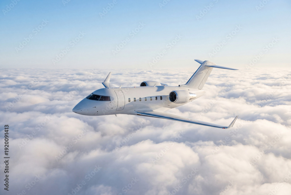 Fototapeta premium White private jet flying above soft clouds in a clear blue sky, luxury business aviation and VIP charter travel concept with wide copy space, modern aircraft in flight