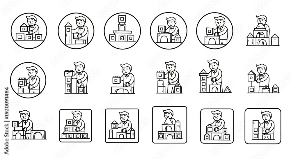 Obraz premium Line art icons of a person building various structures with toy blocks, depicting creativity and play.