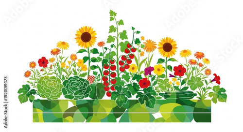 Vibrant garden illustration with sunflowers vegetables and berries in a planter perfect for summer concepts and healthy living