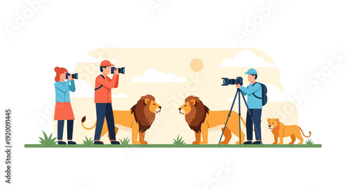 A modern, minimal flat illustration of people on a responsible safari travel adventure with animals and a globe, promoting sustainable wildlife tourism and eco conservation.