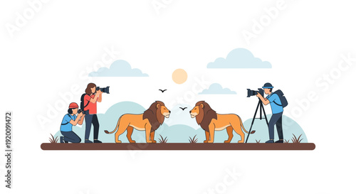 A colorful illustration of a group of people on a responsible safari adventure with a woman, children, and a man capturing wildlife moments with cameras, conveying sustainable eco tourism
