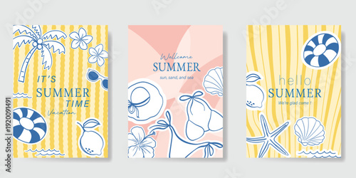 Italy summer party invitation card vector. Italian poster with lemon, leaves, lobster, wine, cheese, tomato, crab, shell in line art. Design for wedding card, greeting card, cover, poster.