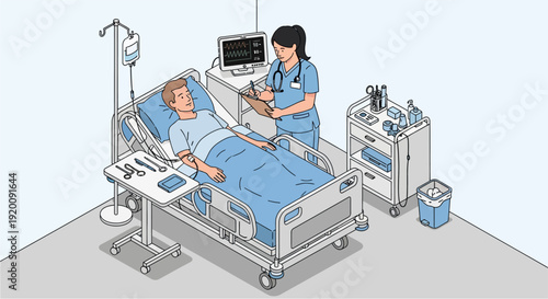 A nurse attending to a male patient in a hospital bed with medical equipment and an IV drip.