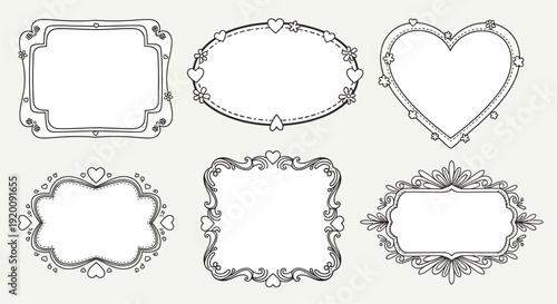 Set of six hand-drawn ornate frames with heart details and decorative scrollwork, perfect for vintage-style designs and invitations.