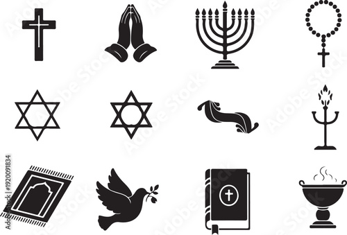 World Religion Symbols Set Spiritual Icons Silhouette

Universal Faith Icons Cross Star of David Buddha

Religious Diversity Symbols Vector Illustration Set