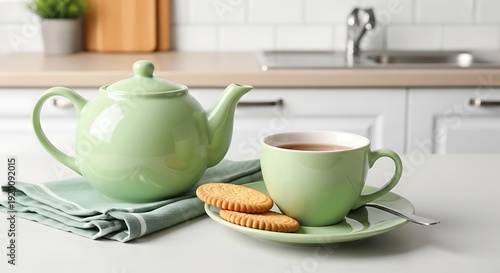 Wallpaper Mural Green tea set with cookies on a kitchen countertop with white background Torontodigital.ca