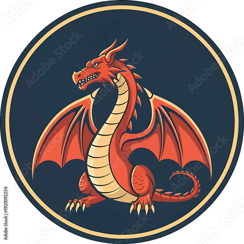 Illustration of a fierce red dragon with spread wings.