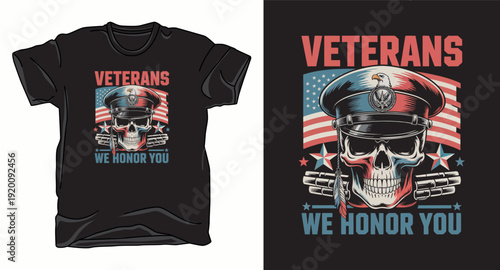 Veterans we honor you t-shirt design with skull wearing military hat and American flag
