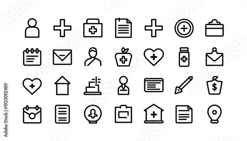Medical and health icons in minimal line style on white background  