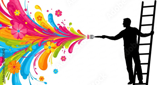 Silhouette of a person painting a vibrant explosion of colors and flowers with a paintbrush symbolizing creativity and imagination isolated on white