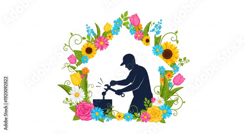 Silhouette of a craftsman working with tools framed by a floral wreath representing skilled labor and artisanal creation
