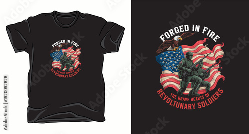 Revolutionary soldiers with american flag and eagle for patriotic apparel and vintage military design