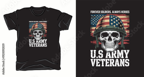 US army veterans skull wearing military helmet with patriotic flag background design