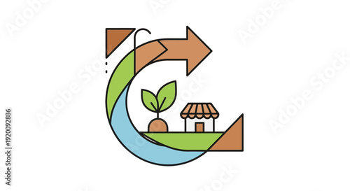 Circular economy concept with plant and shop illustration.