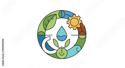 Circular economy concept with water droplet and gear.
