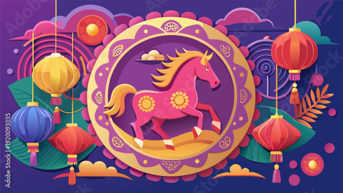 Happy Chinese New Year 2026 Year of the Horse Paper Cut Style Banner.eps