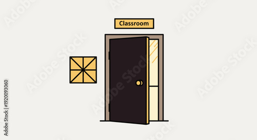 Classroom door slightly ajar with a window on the side.