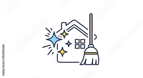 Clean house icon with sparkling effect and broom illustration.