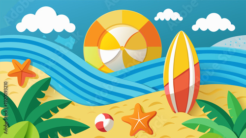 Beach vacation background in papercraft style with palm trees.eps