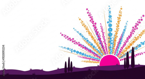 Colorful abstract sunburst rising over silhouetted landscape representing hope and new beginnings perfect for graphic design and concepts