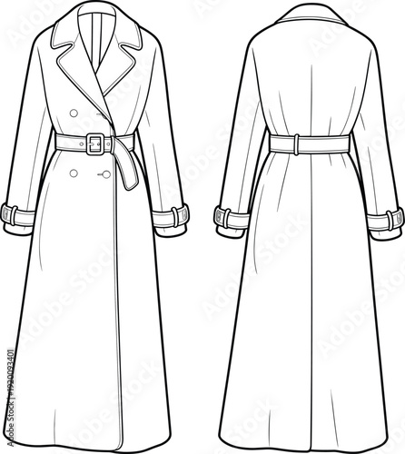 Elegant Long Trench Coat Technical Fashion Illustration, Front and Back View, Classic Belted Overcoat Outline Drawing, Minimalist Apparel Design Template