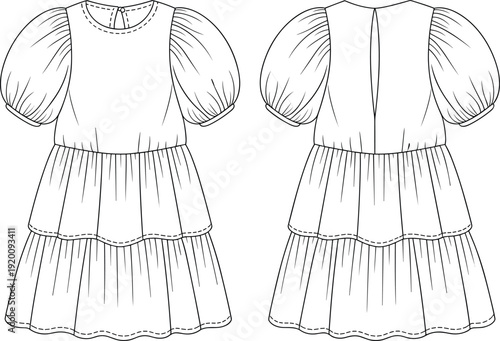 Hand drawn girls dress outline with puff sleeves, front and back view fashion sketch illustration isolated on white background for clothing design