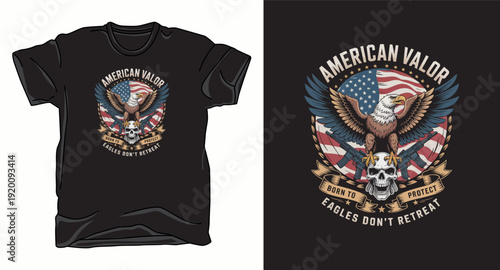 American eagle with skull and guns on usa flag background vector graphic for t-shirt