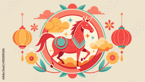 Lunar New Year 2026 Festive Red and Gold Background with Ornate Horse Illustration and Hanging Lanterns.eps