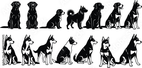 Black and White Dog Breed Silhouette Set Featuring Labrador Retriever Husky Beagle and Shepherd Vectors for Icons and Graphic Design