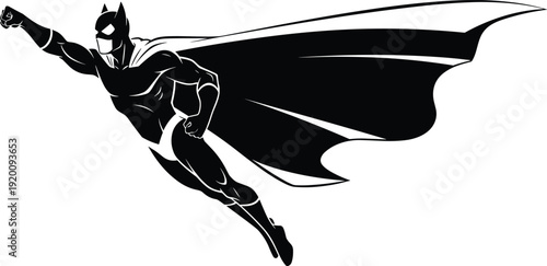 Black and white vector illustration of a muscular superhero in a mask and cape flying forward with a raised fist