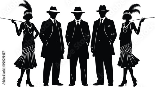 1920s Great Gatsby Style Silhouette Group Featuring Flapper Girls with Feathers and Men in Suits and Fedora Hats for Parties