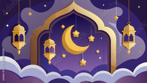 Ramadan 2026 banner with luxury gold Islamic arch, hanging lamps, and clouds on purple background.eps