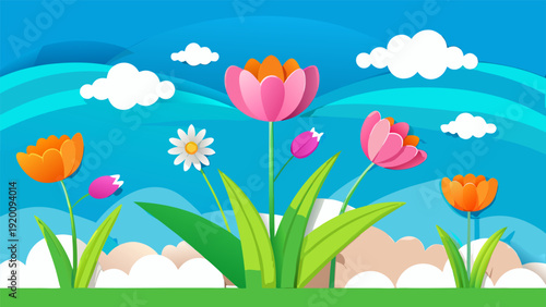 Summer sale banner with 3D paper cut flowers and butterflies on blue background.eps