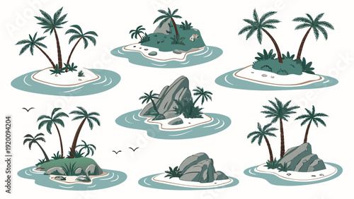 Tropical island illustration with palm trees and beach on blue ocean background.eps