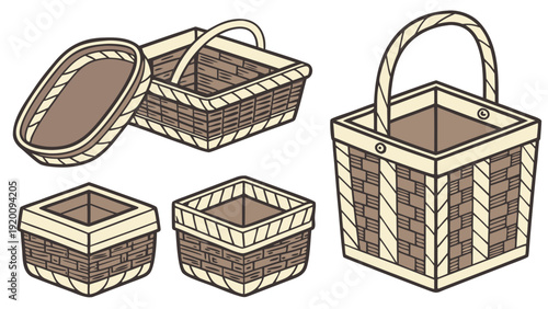 Rustic picnic baskets and storage hampers set for home organization and outdoors.eps